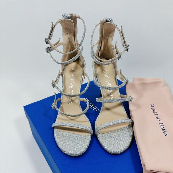 NIB Stuart Weitzman Nudist 7.5 Crystal Buckle Sandals 100mm Silver Glitter $625 - Picture 6 of 13